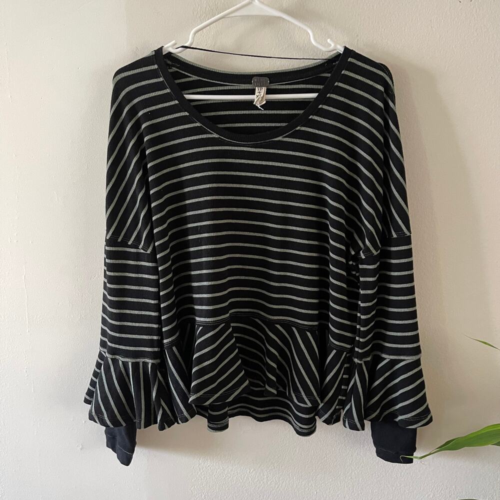 We The Free Free People Black Green Striped Round About Tee Womens XS Boho